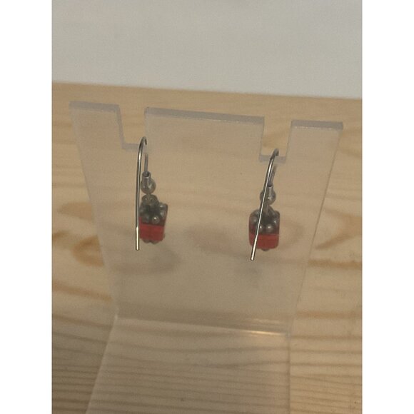 Red Cube Silver Fishhook Pierced Beaded Dangle Drop Earrings - Picture 4 of 4